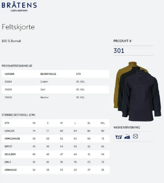 Bråtens Feltskjorte Marine XS Den originale feltskjorten i 100% bomull 