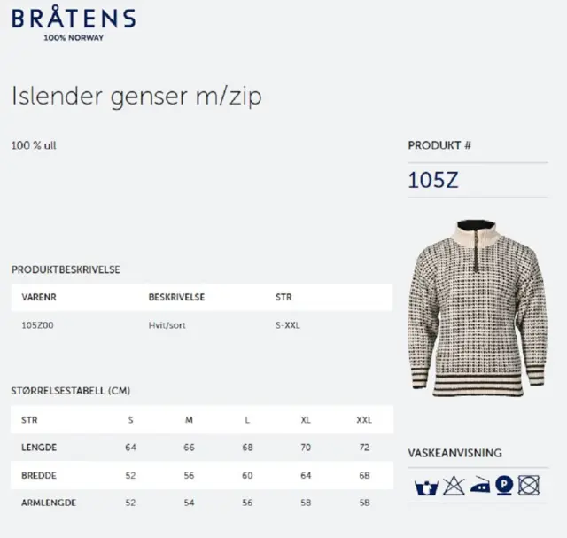 Bråtens Islender Genser med Zip Hvit S Klassisk genser i 100% Norsk ull 