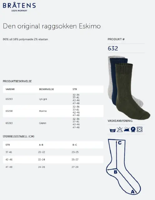 Bråtens Raggsokk Marine 32-36 Supergode ullsokker av Norsk ull 