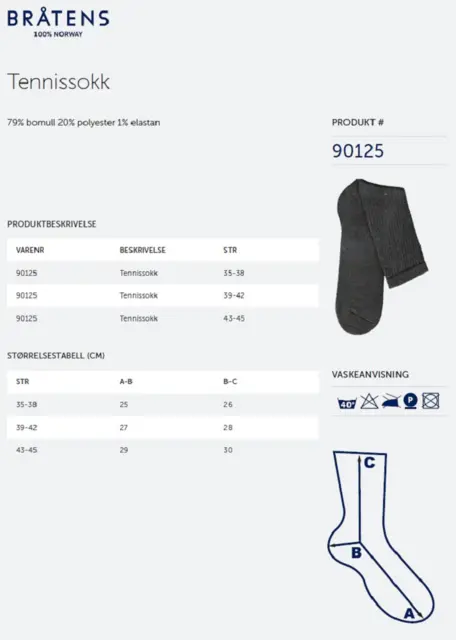 Bråtens Tennissokk/Bomull Sort 35-38 Tennissokker høy kvalitet 100% bomull 