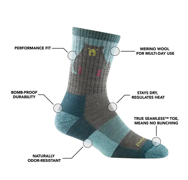 Darn Tough Bear Town Micro Crew Aqua S Lightweight Cushion, Damesokker 