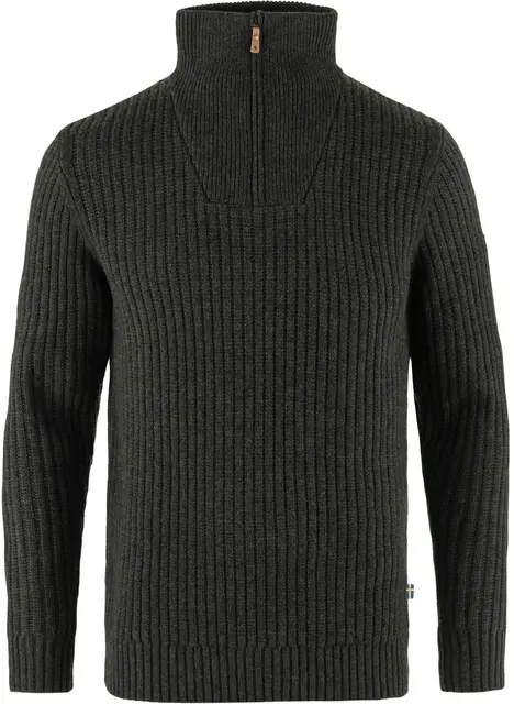 Fjällräven Övik Half Zip Knit M L Tidløs ullgenser til herre i dark olive 