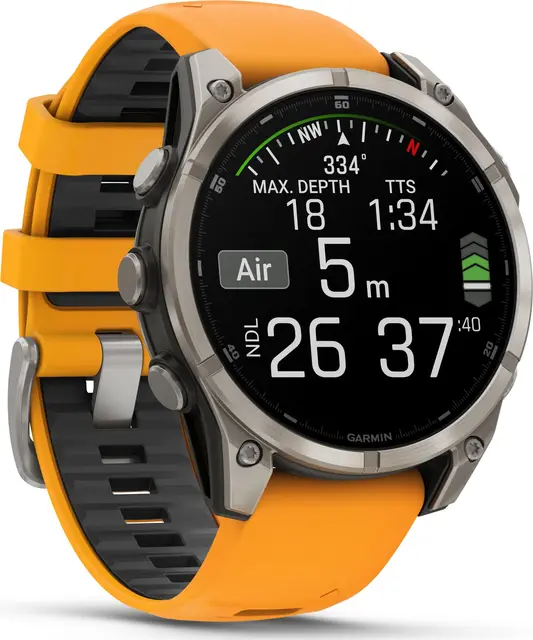 Garmin fenix 8 47 mm AMOLED Sapphire Titan med oransje/grafitt silikonrem 
