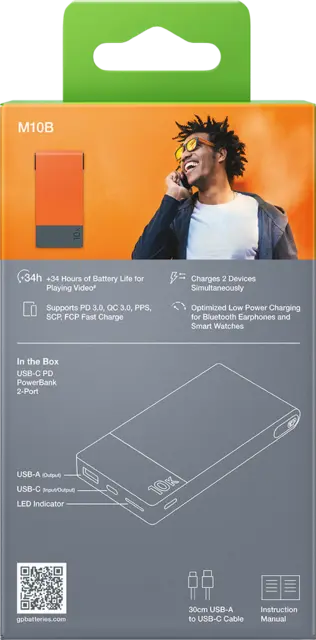 GP Powerbank M2 Orange 10000 mAh, 22,5 W ladehastighet 