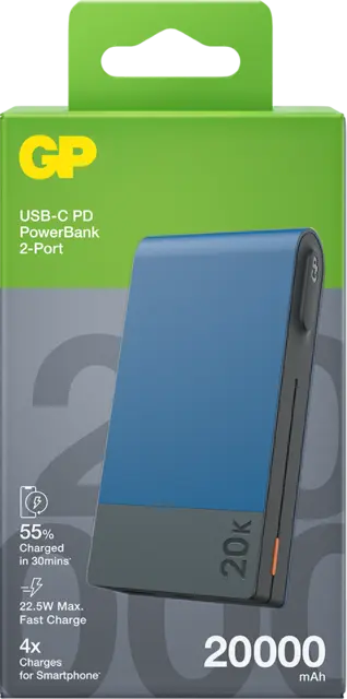 GP Powerbank M2 Blue 20000 mAh, 22,5 W ladehastighet 