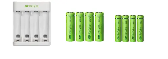 GP Recyko E411 charger 4x AA 2100mAh og 4x AAA 850mAh batterier 