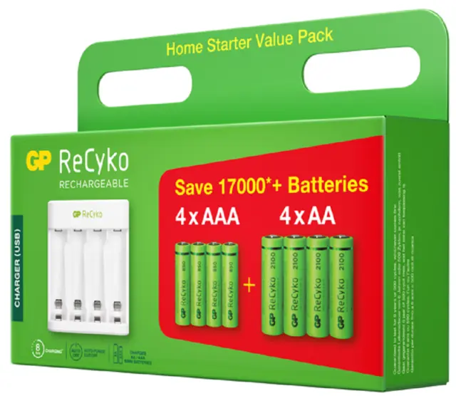 GP Recyko E411 charger 4x AA 2100mAh og 4x AAA 850mAh batterier 