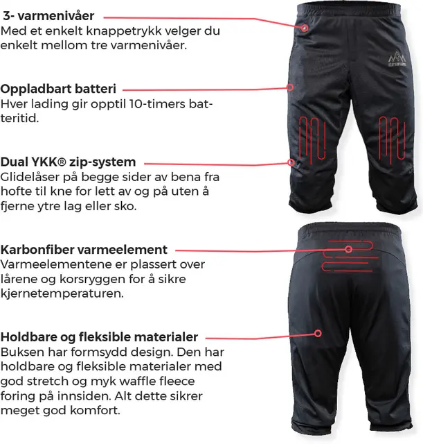 Heat Experience Heated Knee Pants S Slitesterk sort varmebukse med glidelås 