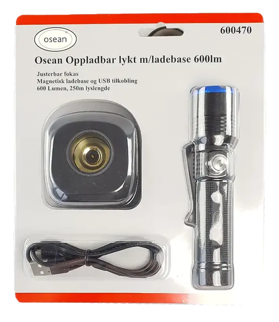 Osean Oppladbar lykt m/ladebase 600 lumen 
