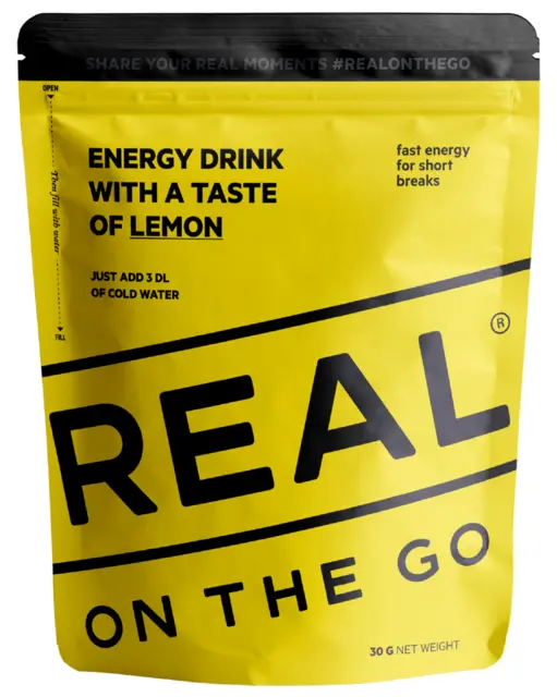 Real On the Go Energidrikk Lemon Tilsett vann, rist og drikk fra posen 