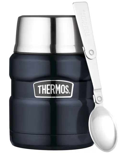 Thermos Stainless King Mattermos 0,47L Blå mattermos med foldbar skje i lokket 
